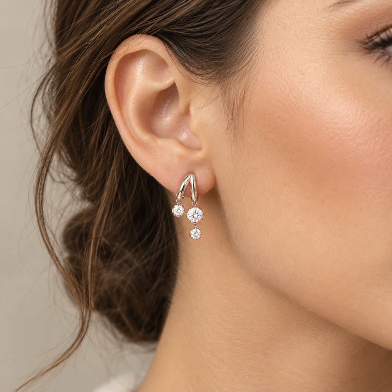 Sterling Silver Double Huggie Earrings with White Topaz Dangles