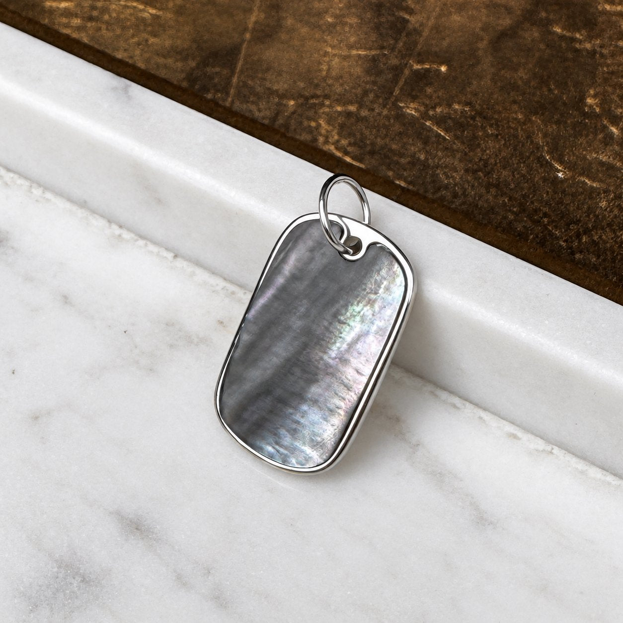 Sterling Silver + Mother of Pearl Dogtag Charm