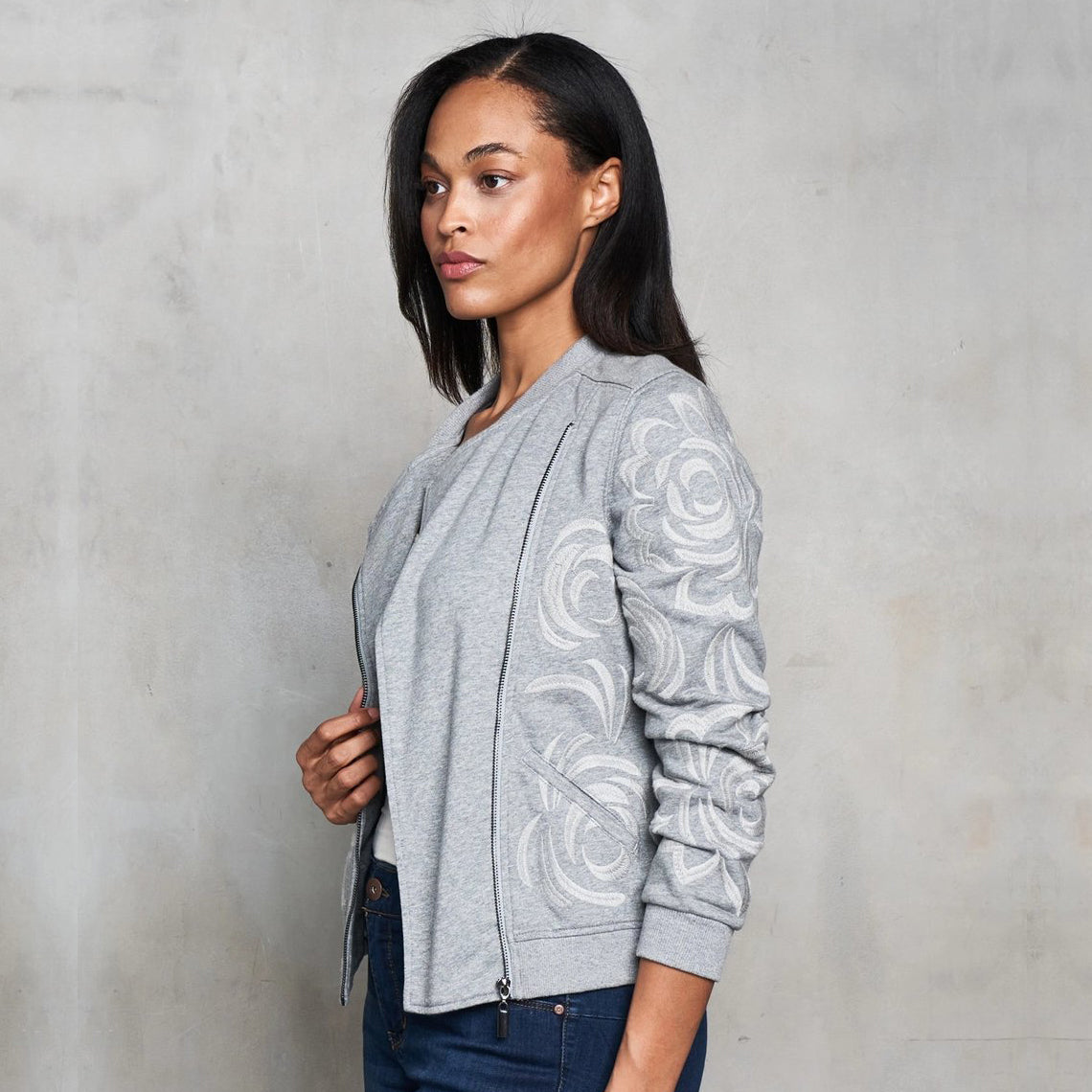 French Terry Tonal Embroidered Moto Jacket - Grey