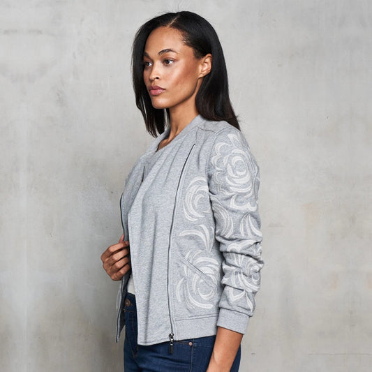 French Terry Tonal Embroidered Moto Jacket - Grey