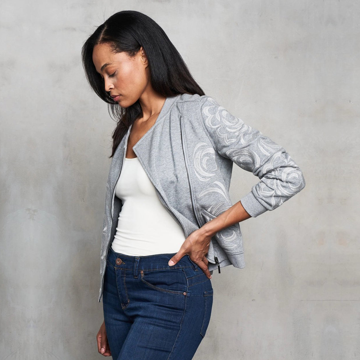 French Terry Tonal Embroidered Moto Jacket - Grey