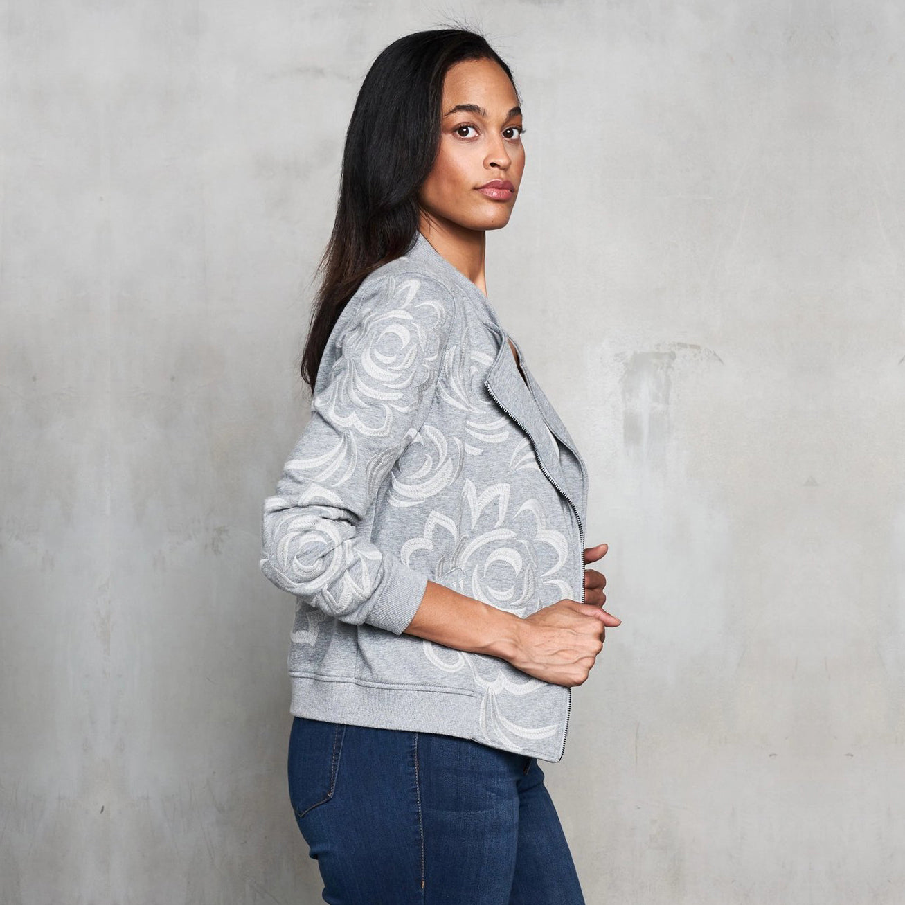 French Terry Tonal Embroidered Moto Jacket - Grey