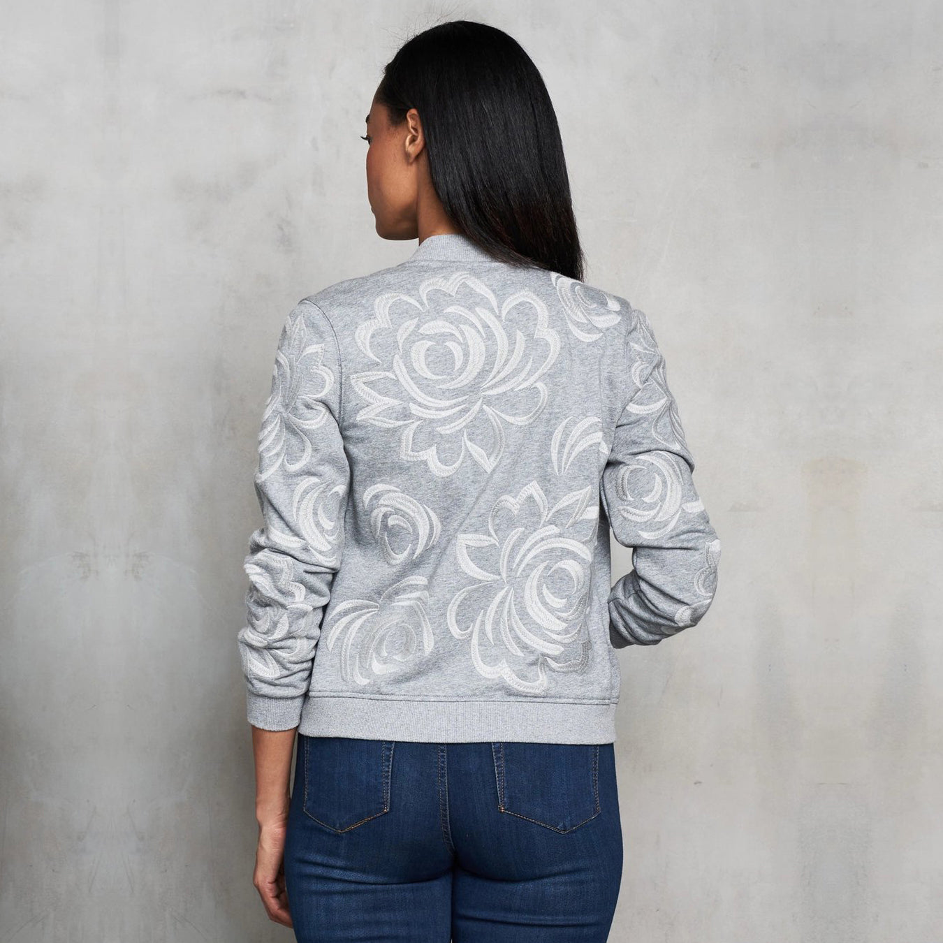 French Terry Tonal Embroidered Moto Jacket - Grey