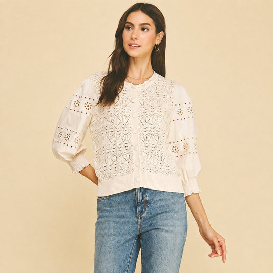 Eyelet + Knit Mixed Button Down Cardigan - Ivory