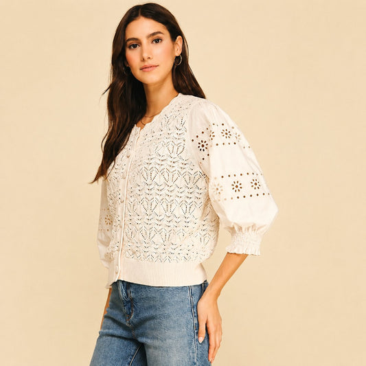 Eyelet + Knit Mixed Button Down Cardigan - Ivory