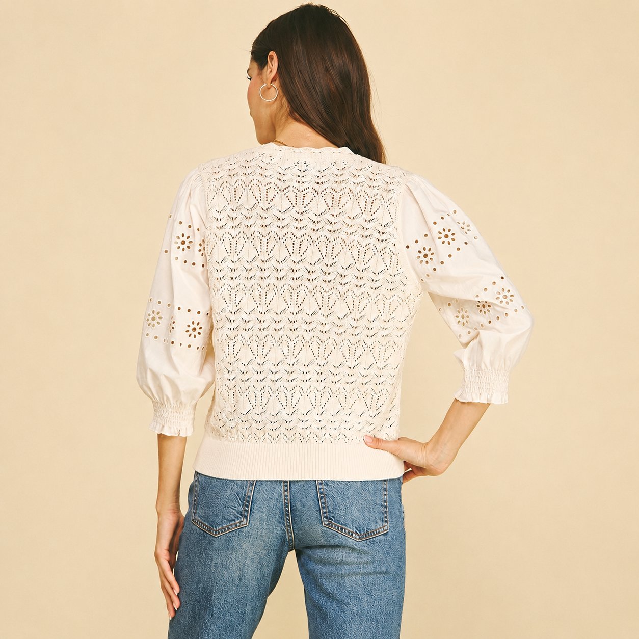 Eyelet + Knit Mixed Button Down Cardigan - Ivory