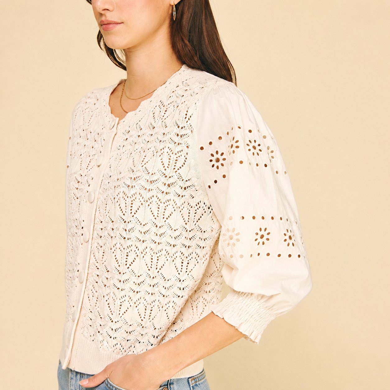 Eyelet + Knit Mixed Button Down Cardigan - Ivory