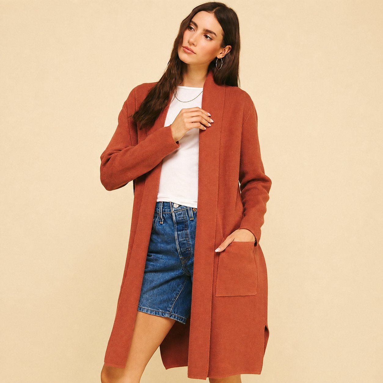 Open Knitted Long Cardigan - Amber