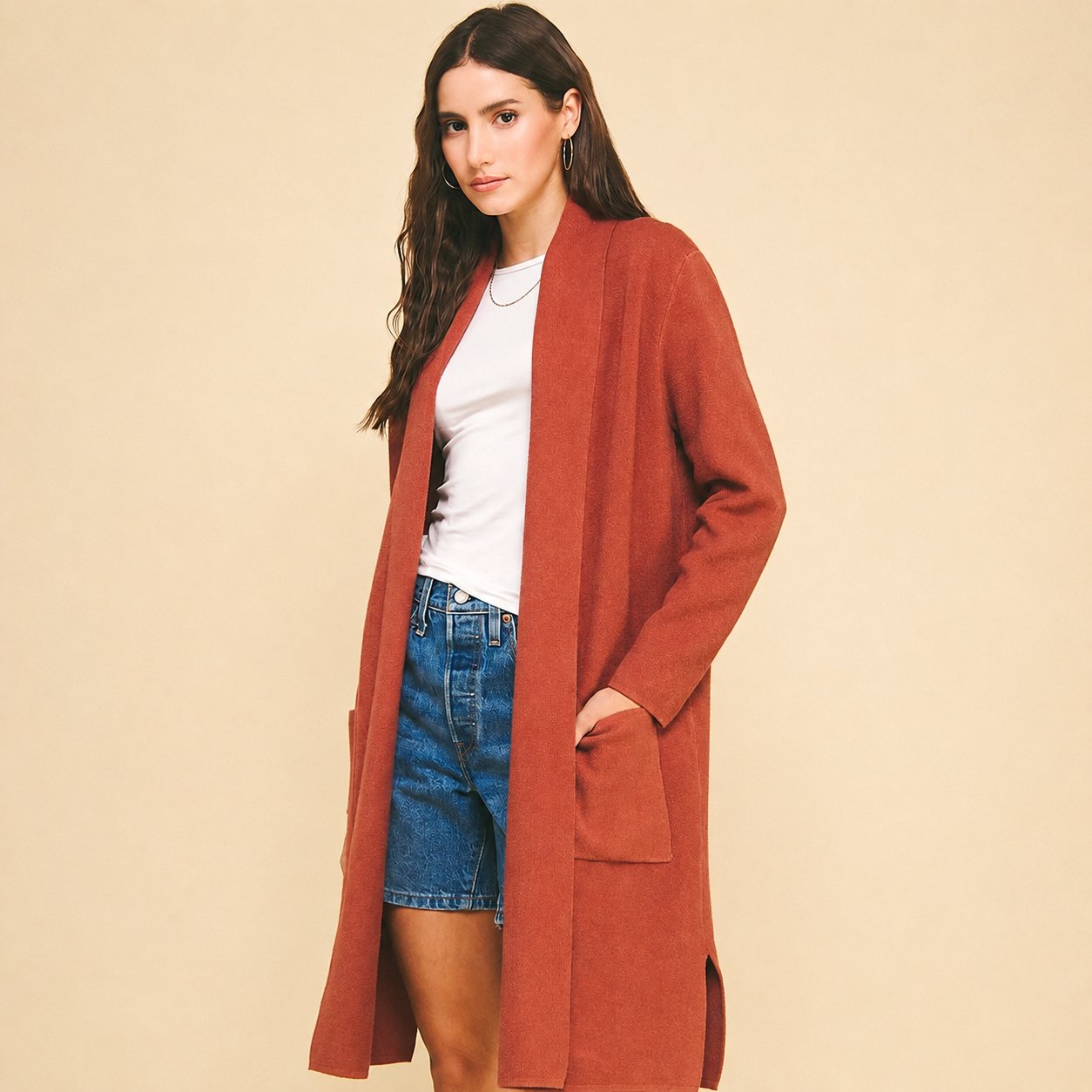 Open Knitted Long Cardigan - Amber