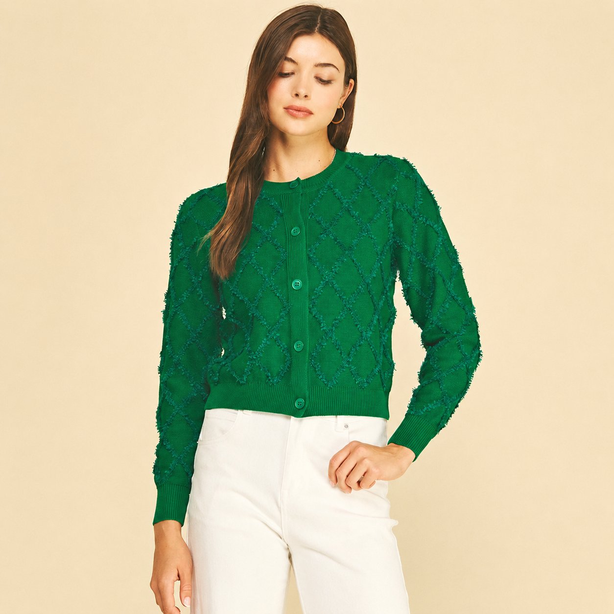 Diamond Textured Button Down Cardigan - Emerald