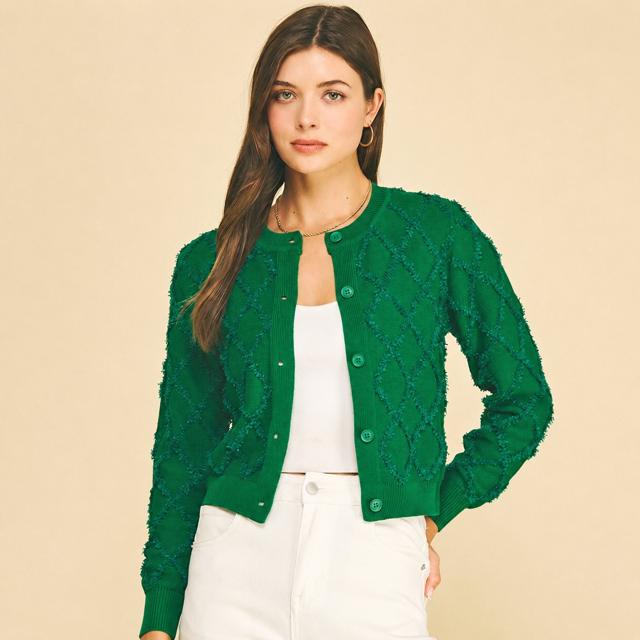 Diamond Textured Button Down Cardigan - Emerald
