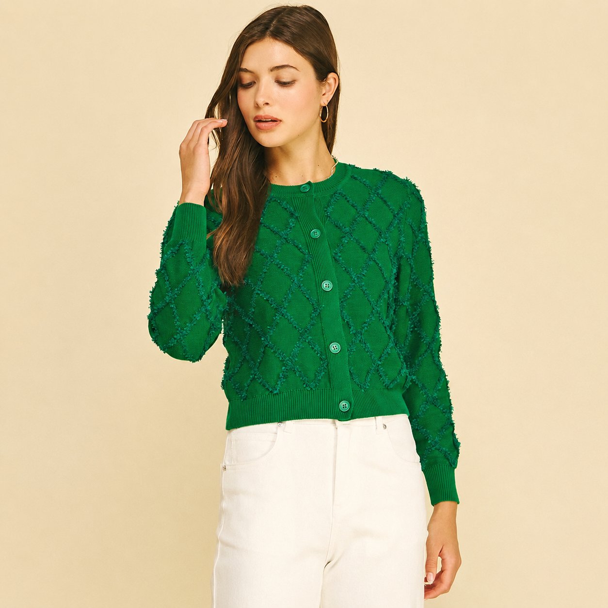 Diamond Textured Button Down Cardigan - Emerald