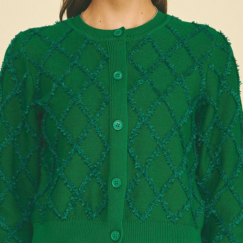 Diamond Textured Button Down Cardigan - Emerald