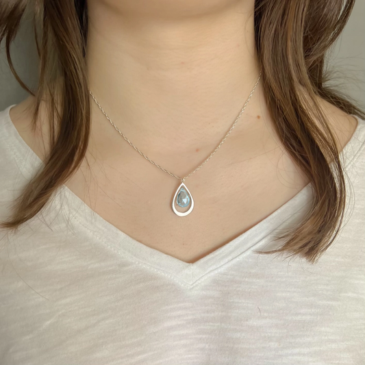 Open Teardrop with Blue Topaz Pendant Necklace - Silver