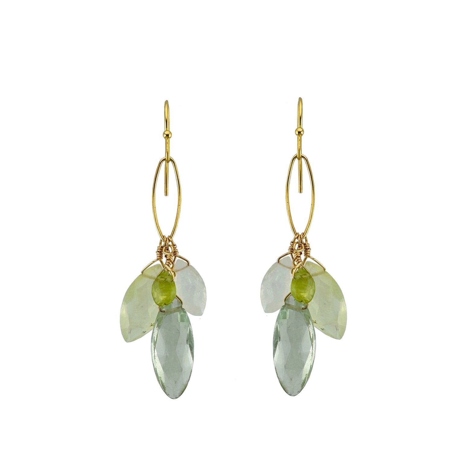 Green Amethyst, Prehnite, Moonstone + Peridot Cluster Earrings — Gold Vermeil