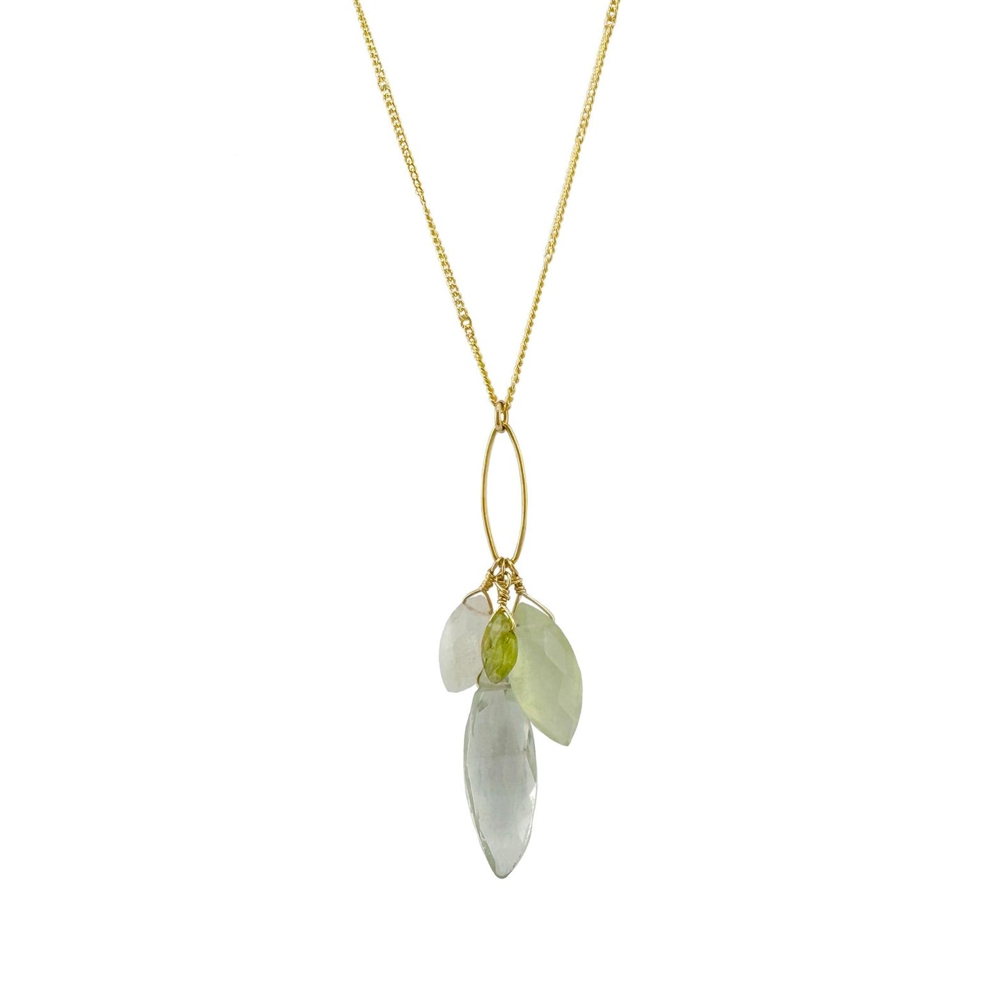 Green Amethyst, Prehnite, Moonstone + Peridot Cluster Pendant Necklace — Gold Vermeil