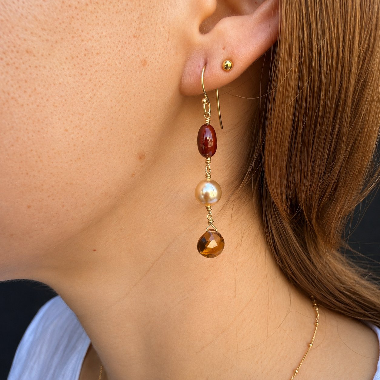 Hessonite Garnet with Pearl Drop Earrings - Gold Vermeil