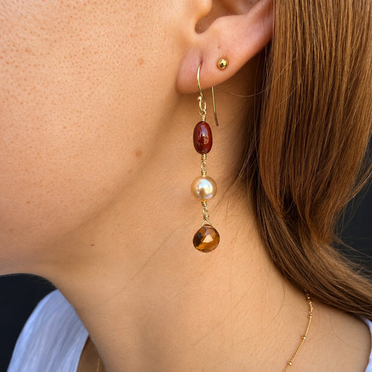 Hessonite Garnet with Pearl Drop Earrings - Gold Vermeil