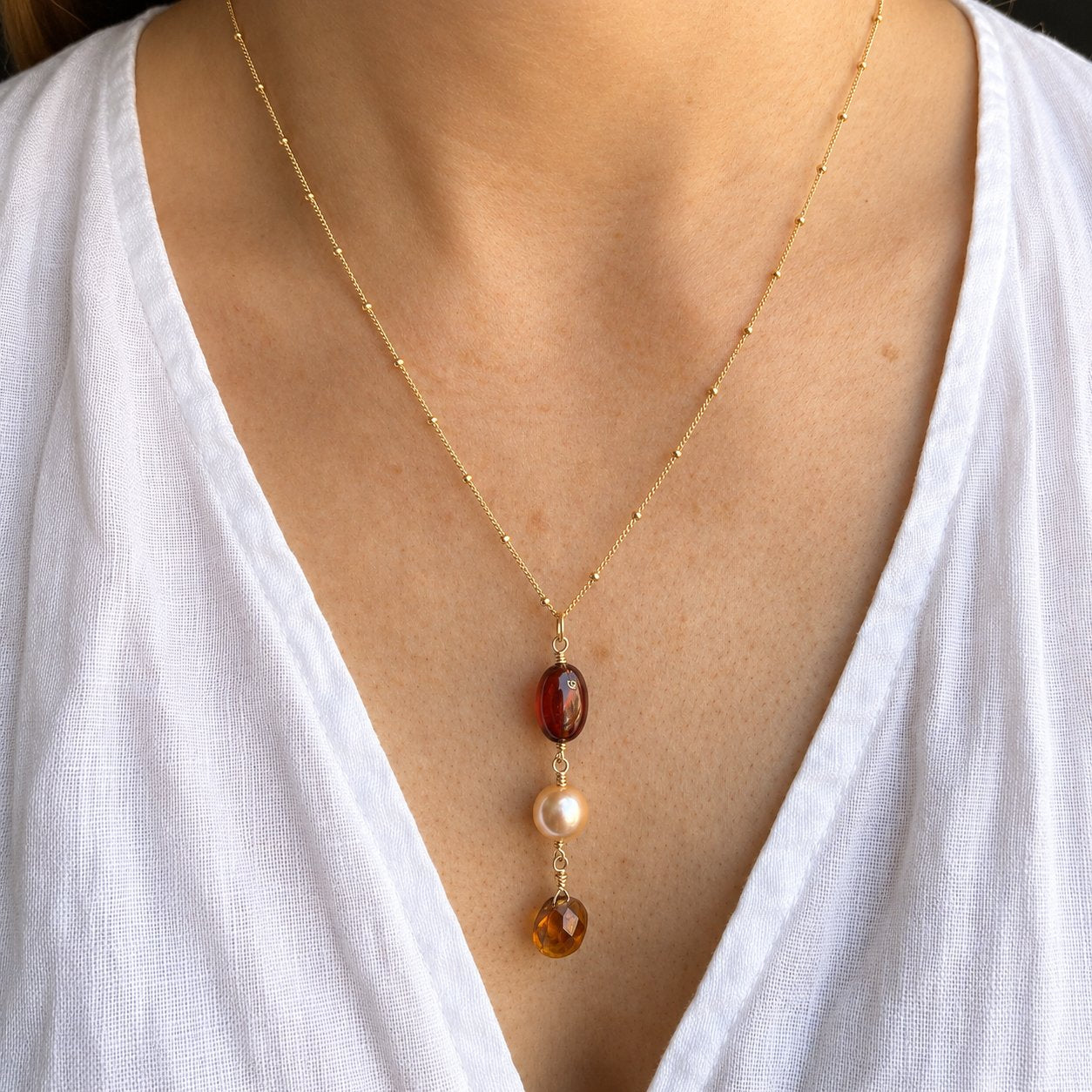 Hessonite Garnet with Pearl Pendant Necklace - Gold Vermeil