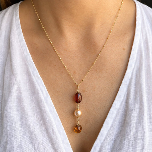 Hessonite Garnet with Pearl Pendant Necklace - Gold Vermeil
