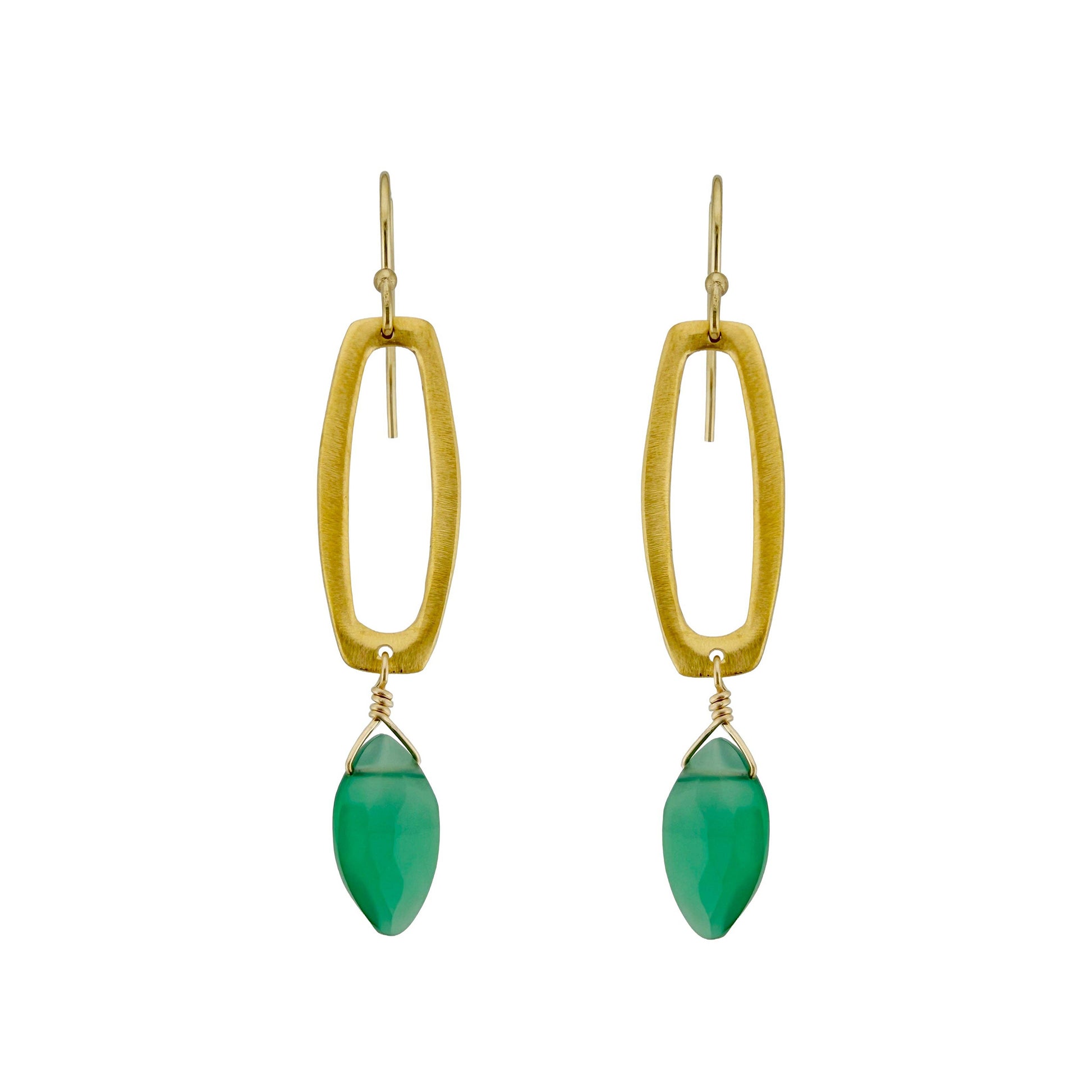 Long Rectangle with Green Onyx Dangle Earrings - Gold Vermeil