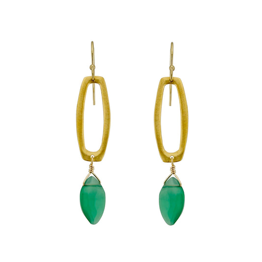 Long Rectangle with Green Onyx Dangle Earrings - Gold Vermeil