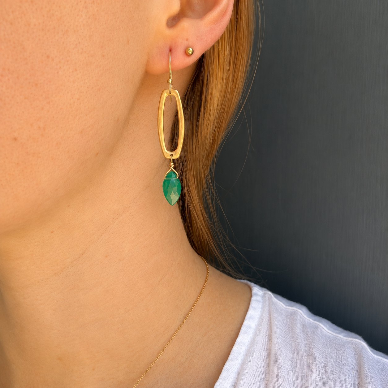 Long Rectangle with Green Onyx Dangle Earrings - Gold Vermeil