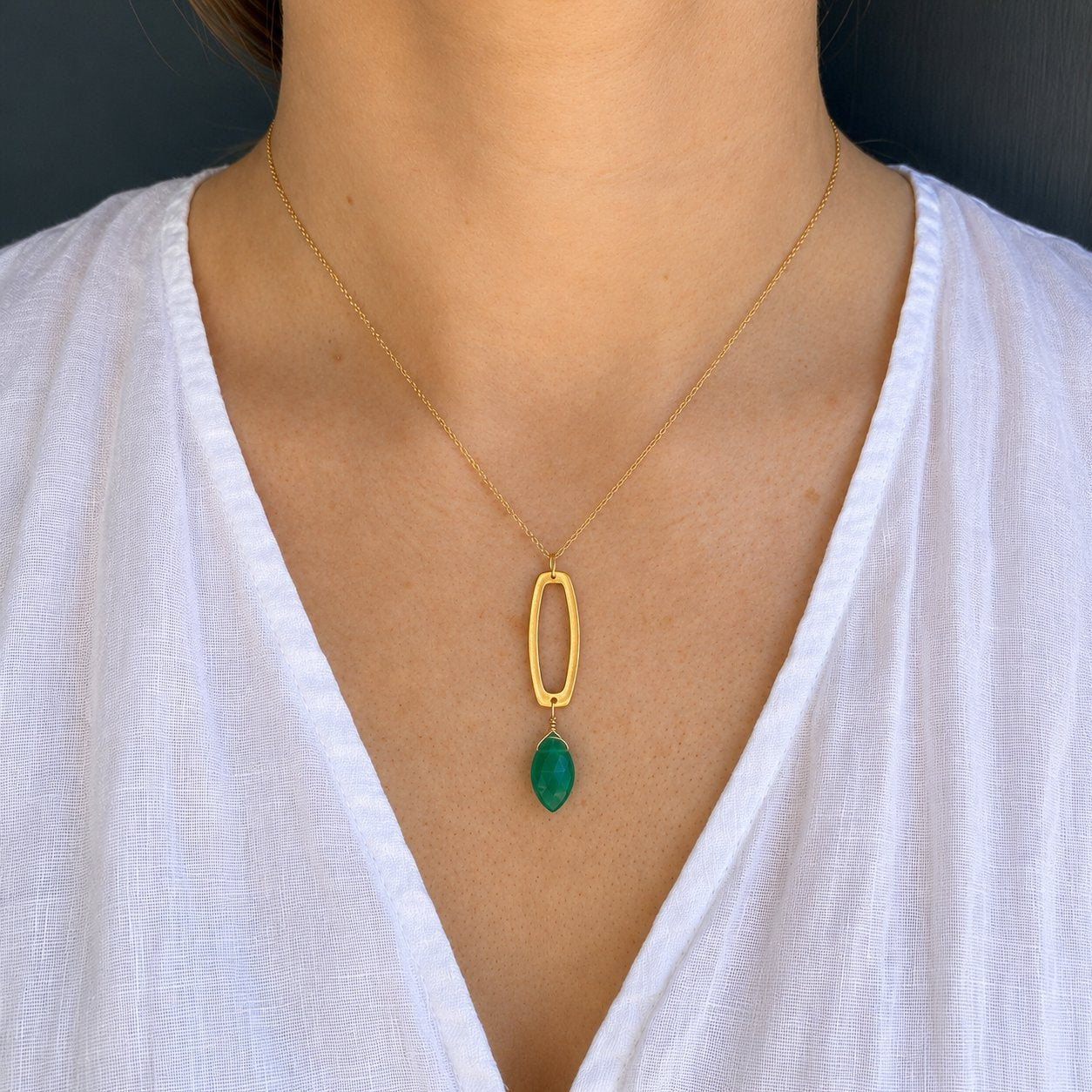 Long Rectangle with Green Onyx Pendant Necklace - Gold Vermeil