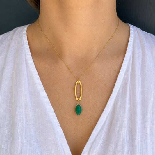 Long Rectangle with Green Onyx Pendant Necklace - Gold Vermeil