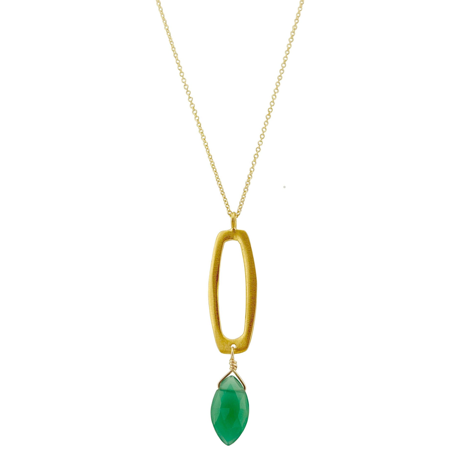 Long Rectangle with Green Onyx Pendant Necklace - Gold Vermeil