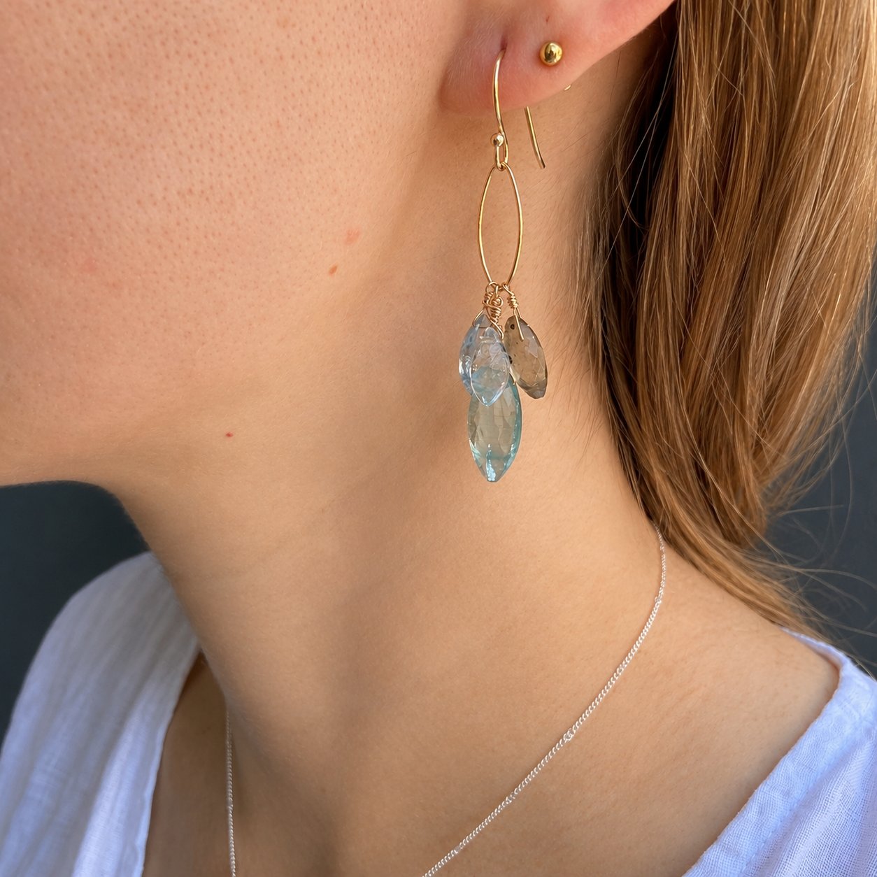 Moss Aquamarine, Labradorite + Kyanite Cluster Earrings - Sterling Silver