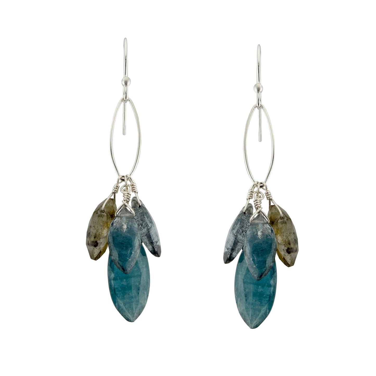 Moss Aquamarine, Labradorite + Kyanite Cluster Earrings - Sterling Silver