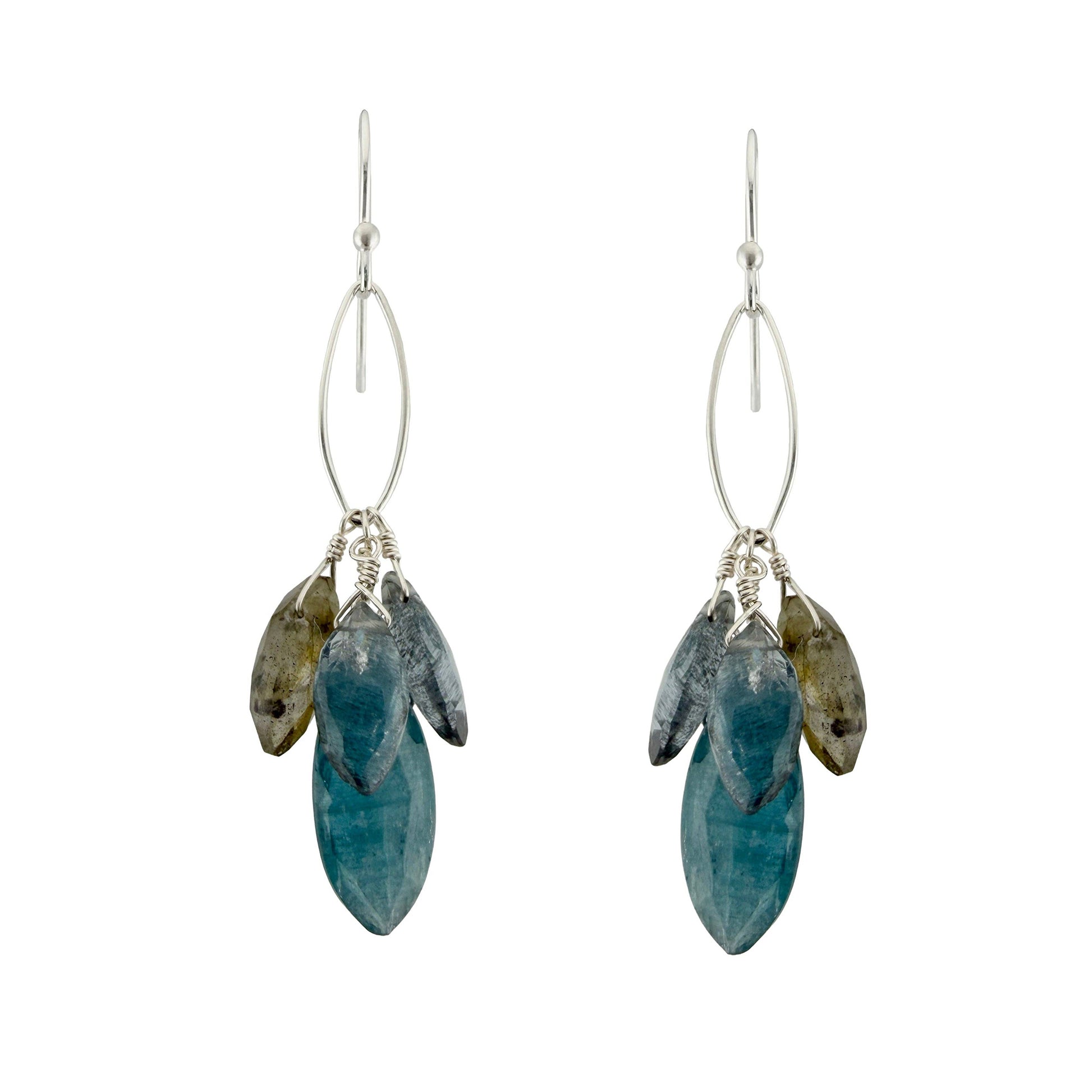 Moss Aquamarine, Labradorite + Kyanite Cluster Earrings - Sterling Silver
