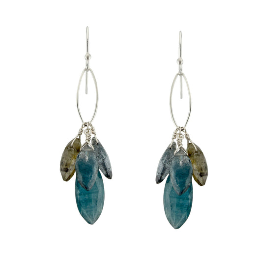 Moss Aquamarine, Labradorite + Kyanite Cluster Earrings - Sterling Silver
