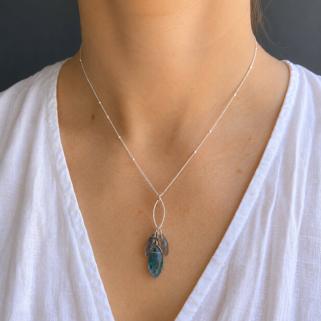 Moss Aquamarine, Labradorite + Kyanite Cluster Pendant Necklace - Sterling Silver