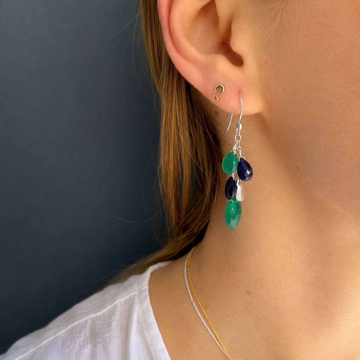 Sapphire + Green Onyx Cluster Earrings - Sterling Silver