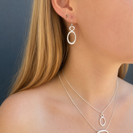Small Double Oval Dangle Earrings - Sterling Silver