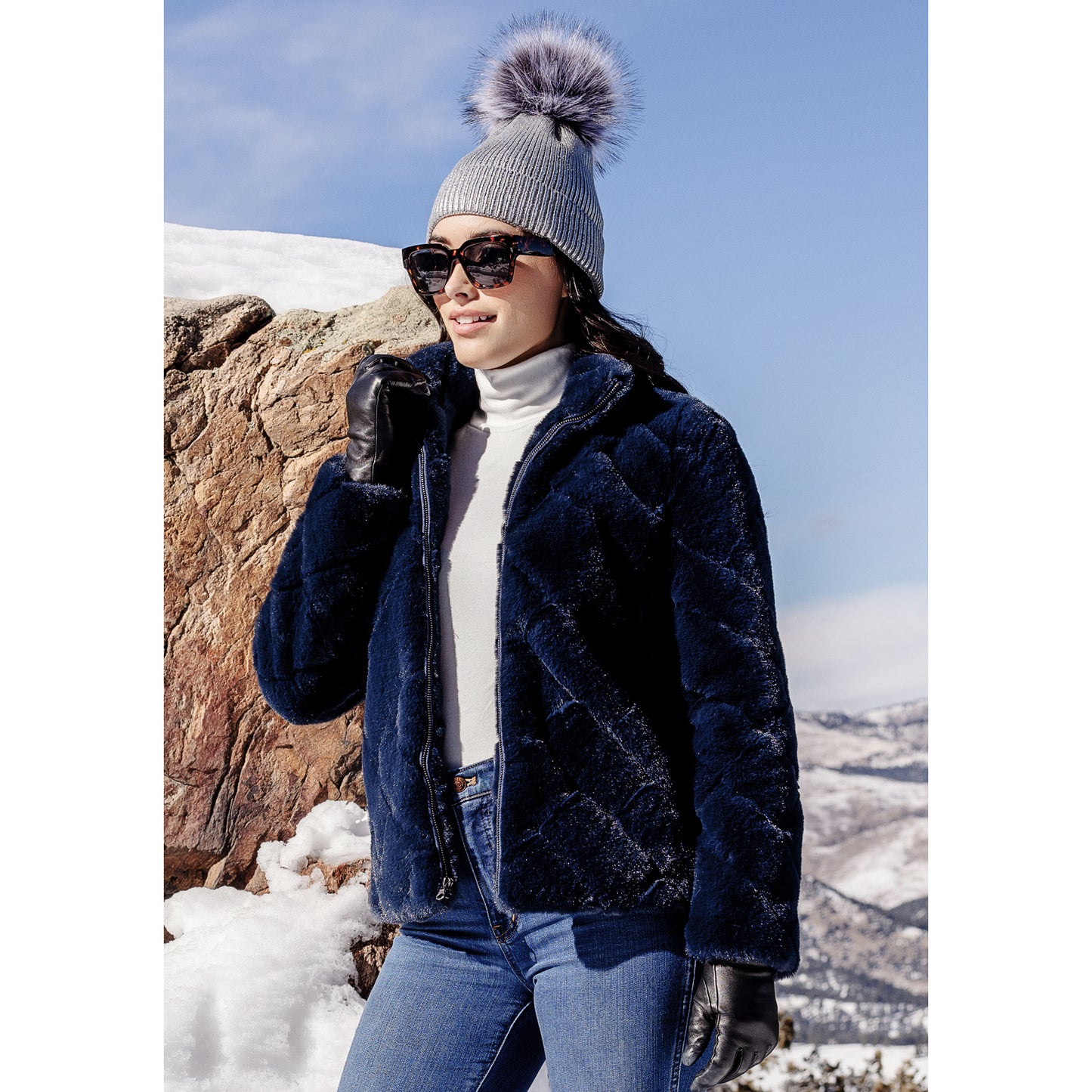 Faux Fur 'Paige' Zip Jacket - Navy