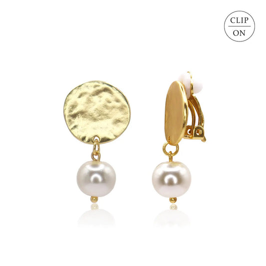 Pearl Drop Coin Clip-On Earrings - Gold or Silver