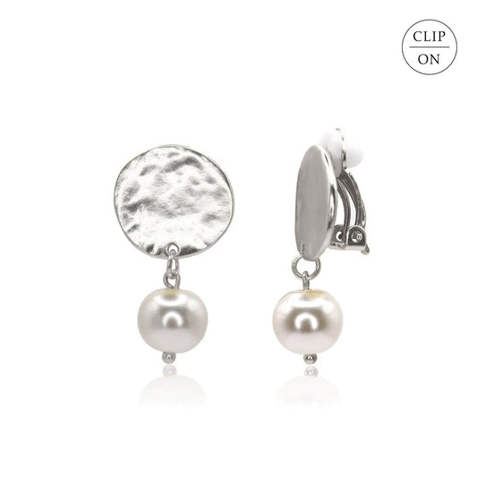 Pearl Drop Coin Clip-On Earrings - Gold or Silver