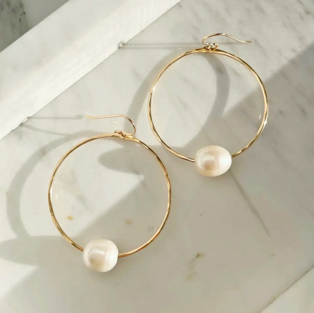 Hoop Earrings with Freshwater Pearls (Select Material) Sterling Silver