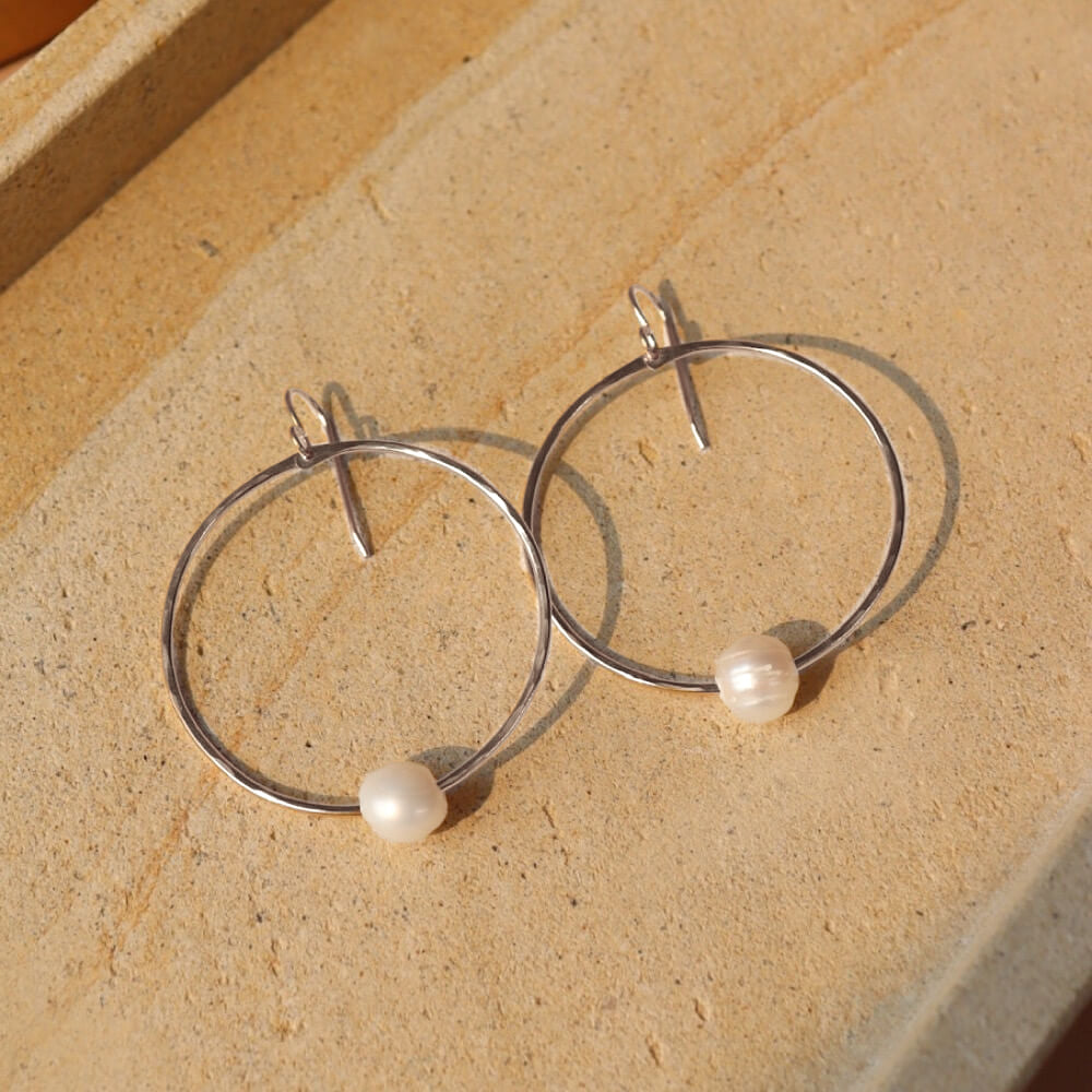 Hoop Earrings with Freshwater Pearls (Select Material) Sterling Silver
