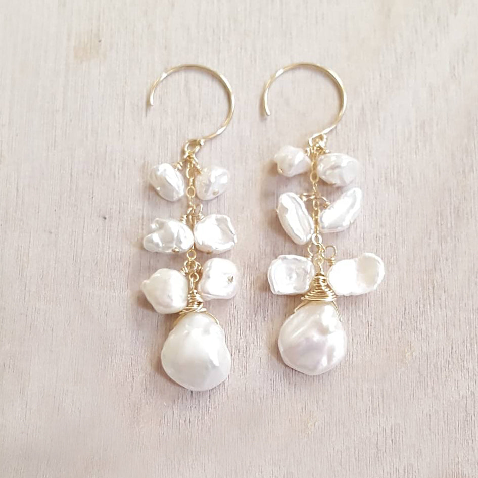 Keshi Pearl Samba Cluster Earrings - Gold Fill