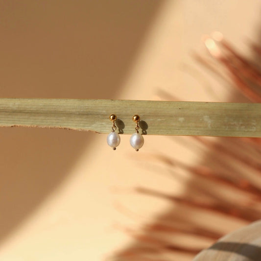 Delicate Pearl Dangle Stud Earrings - Gold Fill