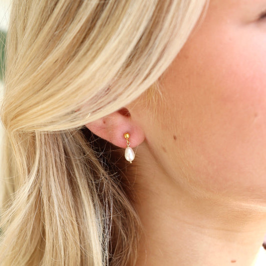 Delicate Pearl Dangle Stud Earrings - Gold Fill