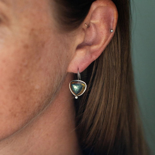 Mixed-Metal 'Petite Tri Fold' Drop Earrings with Aqua Kyanite + Diamond