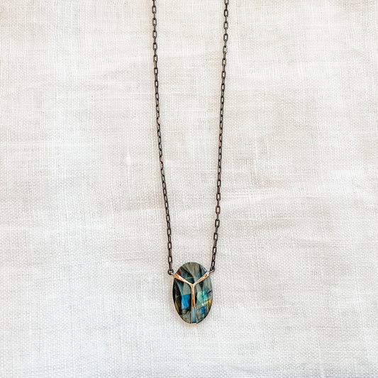 14k Gold + Faceted Labradorite Lucky Scarab Pendant Necklace