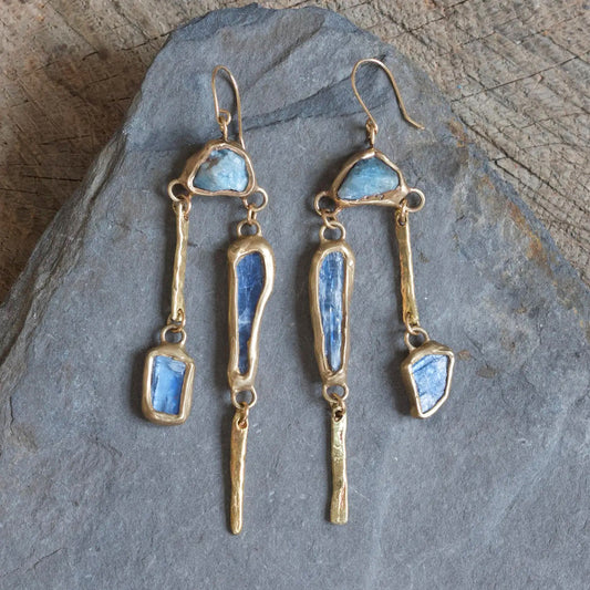 Brass, Kyanite + Aquamarine 'Whitewater' Statement Dangle Earrings