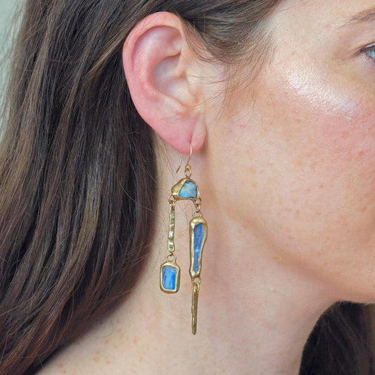 Brass, Kyanite + Aquamarine 'Whitewater' Statement Dangle Earrings