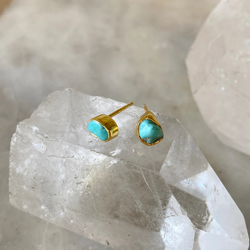 Bezel Set Gemstone Stud Earrings - Turquoise